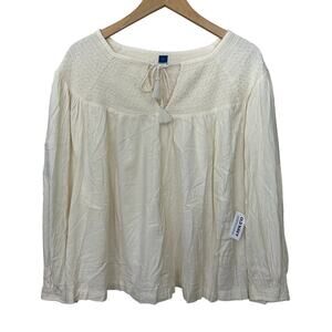 Old Navy Peasant Boho Top Womens 2X Cream Long Sleeve Smocked Tassels Popover